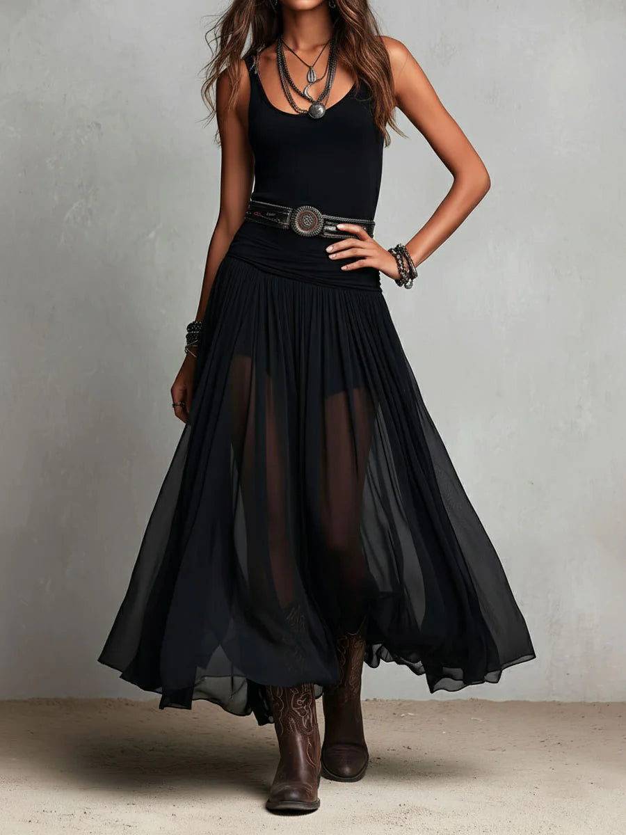Naomi | Zwarte Mouwloze Maxi Jurk met Tule Rok