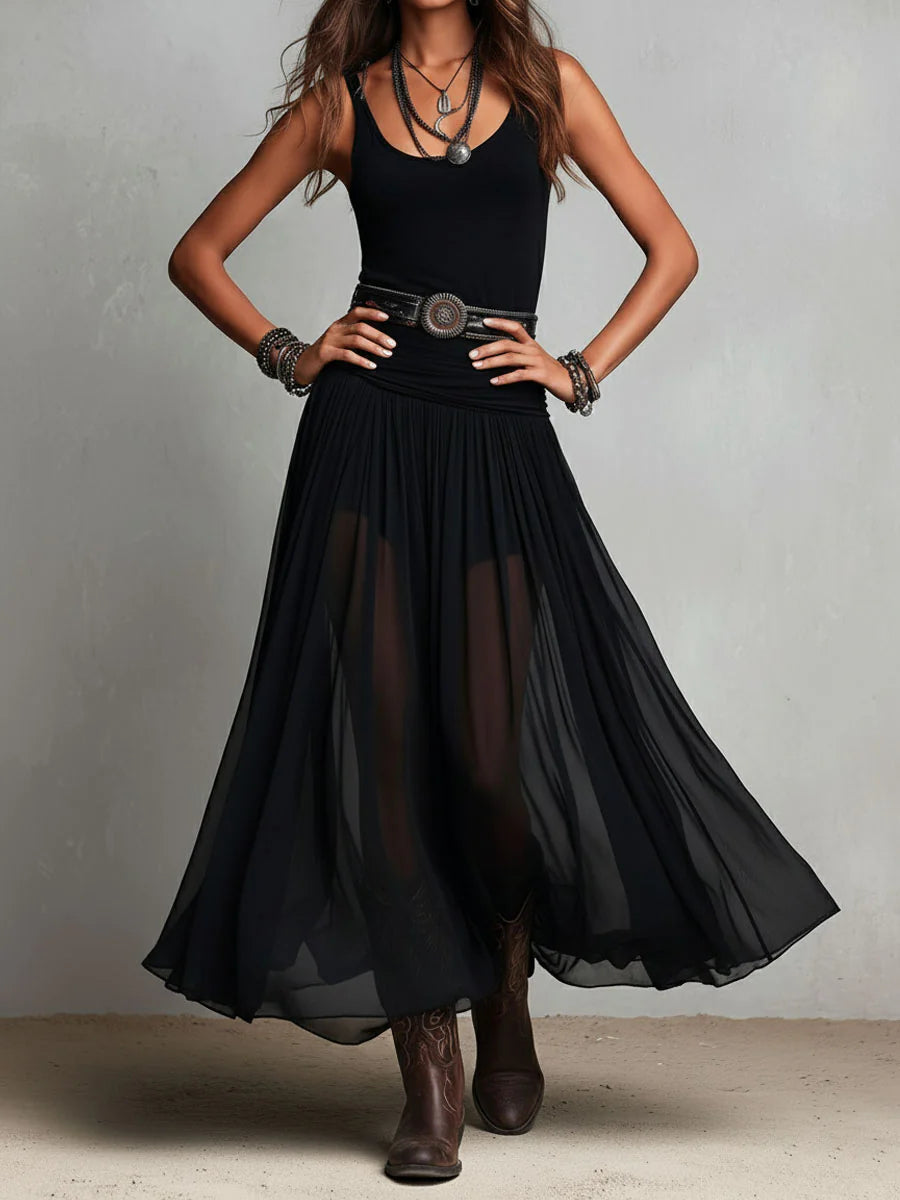 Naomi | Zwarte Mouwloze Maxi Jurk met Tule Rok
