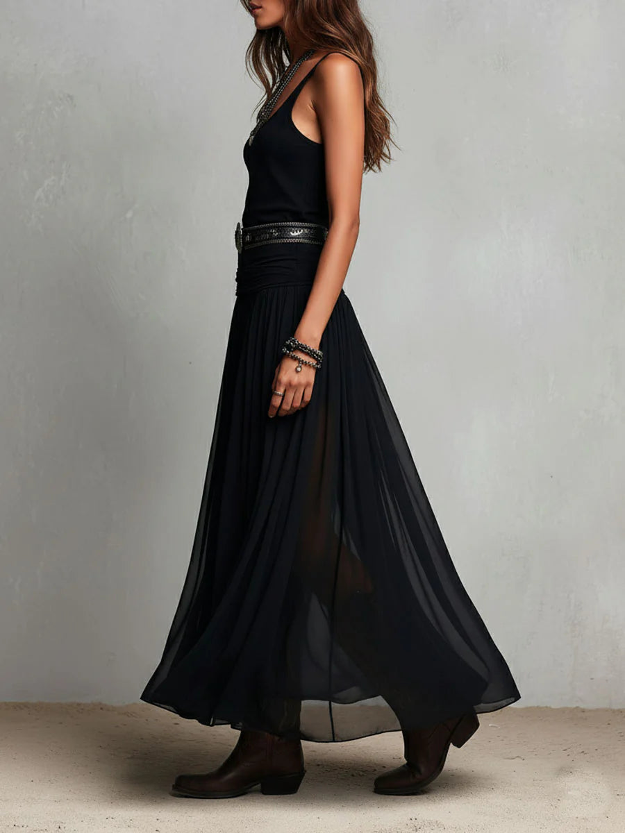 Naomi | Zwarte Mouwloze Maxi Jurk met Tule Rok