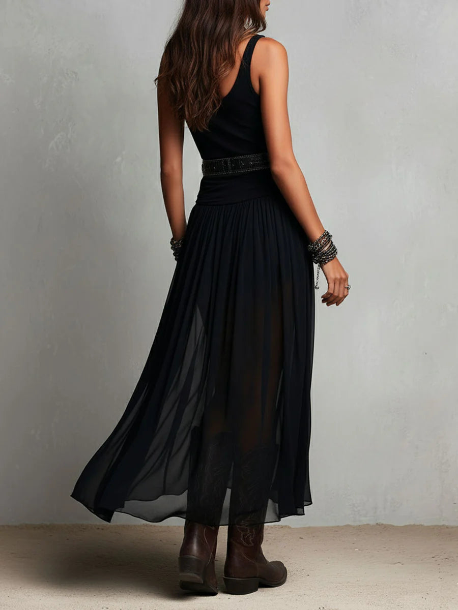 Naomi | Zwarte Mouwloze Maxi Jurk met Tule Rok