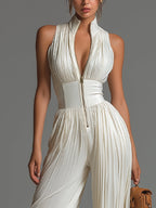 Nova | Witte Jumpsuit met V-hals en Wijde Pijpen