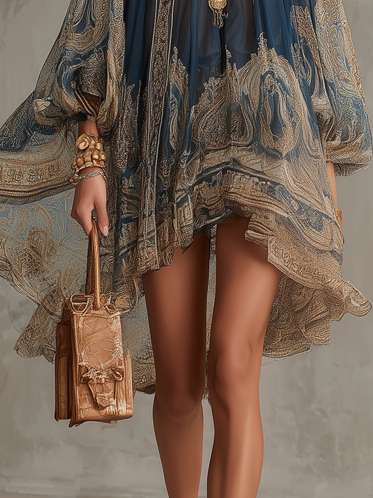 Britt | Asymmetrische Marineblauwe Jurk met Barok Print