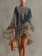 Britt | Asymmetrische Marineblauwe Jurk met Barok Print