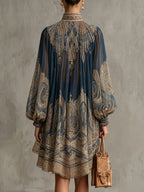 Britt | Asymmetrische Marineblauwe Jurk met Barok Print