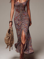 Marleen | Grijs-Mauve Maxi Jurk met Bloemenprint