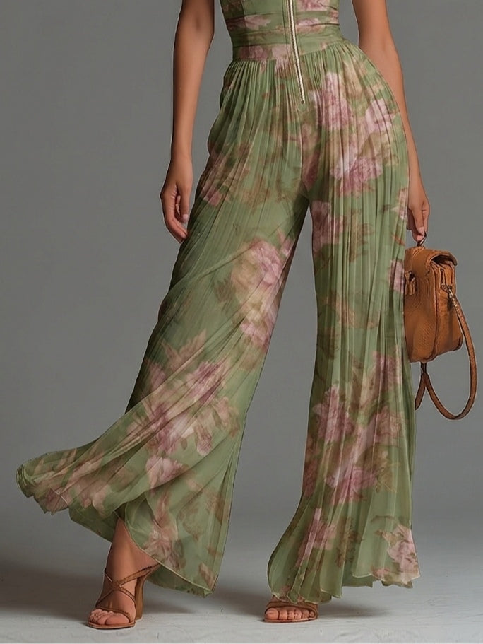 Suze | Vloeiende Geplooide Jumpsuit met Groene Bloemen