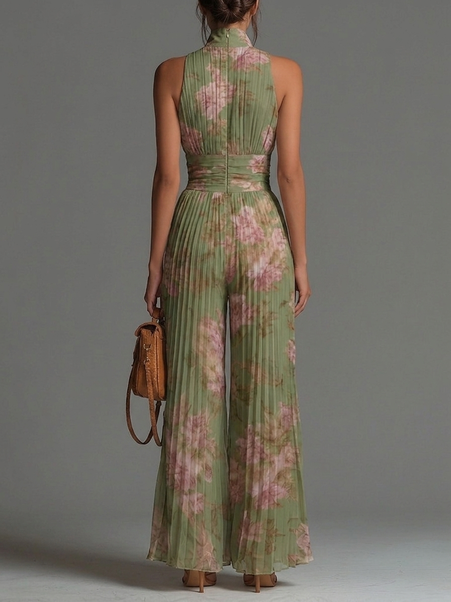 Suze | Vloeiende Geplooide Jumpsuit met Groene Bloemen