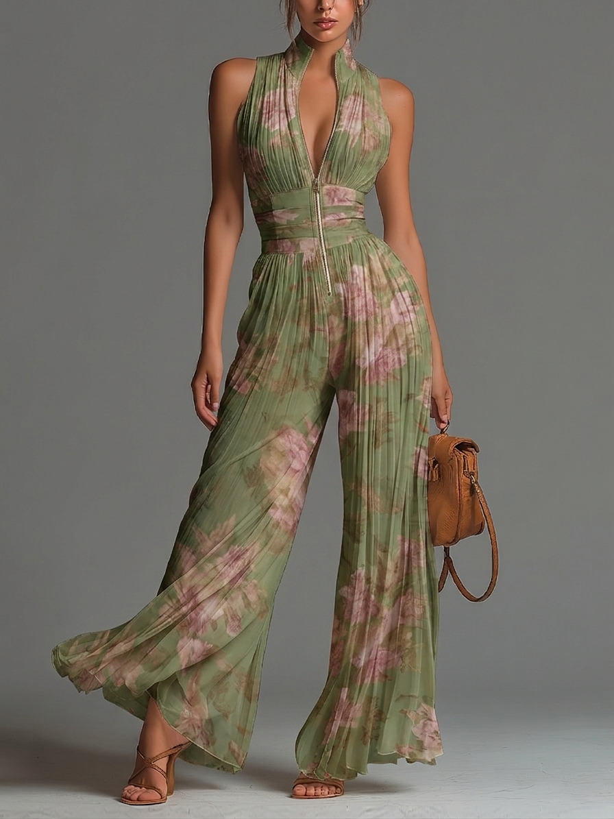 Suze | Vloeiende Geplooide Jumpsuit met Groene Bloemen