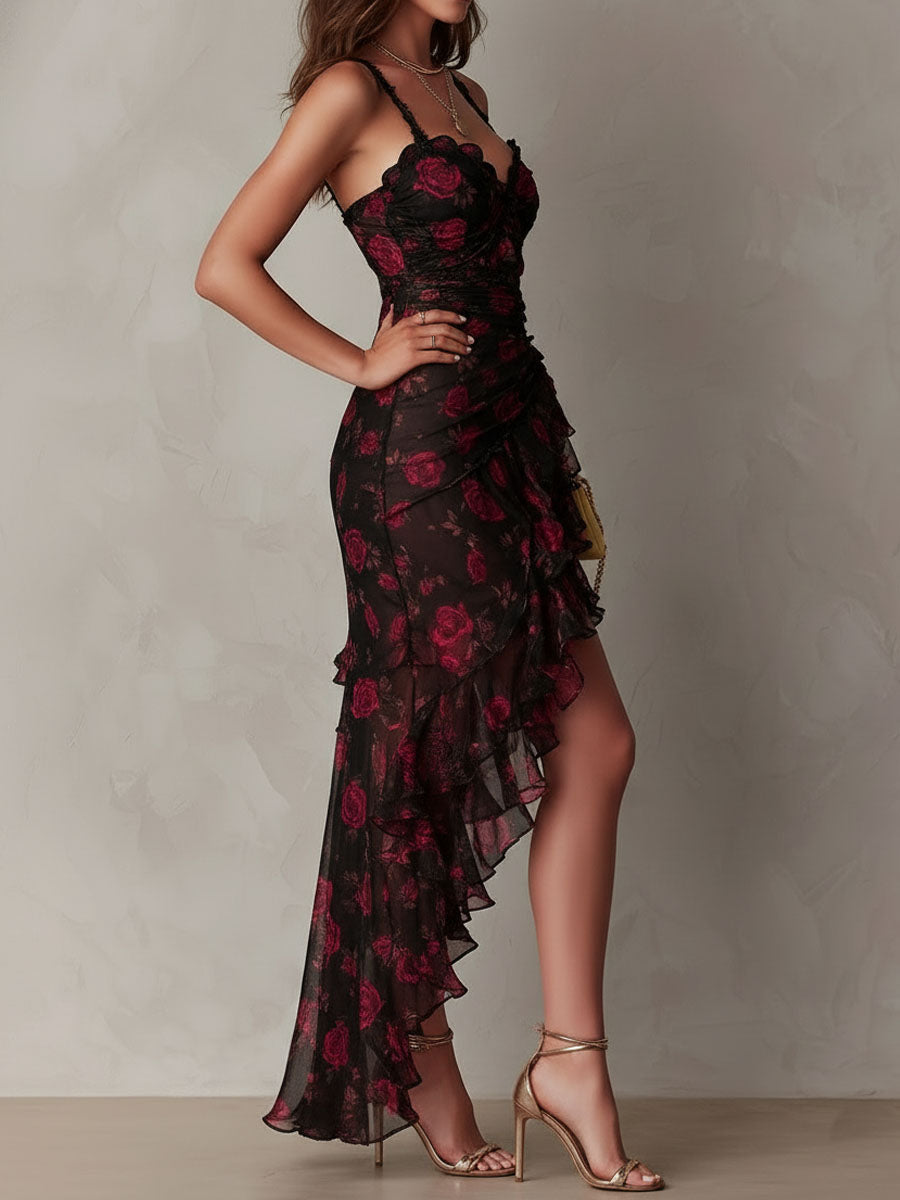 Anke | Korte Gedrapeerde Jurk Zwart en Rood met Bloemen