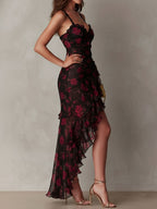 Anke | Korte Gedrapeerde Jurk Zwart en Rood met Bloemen