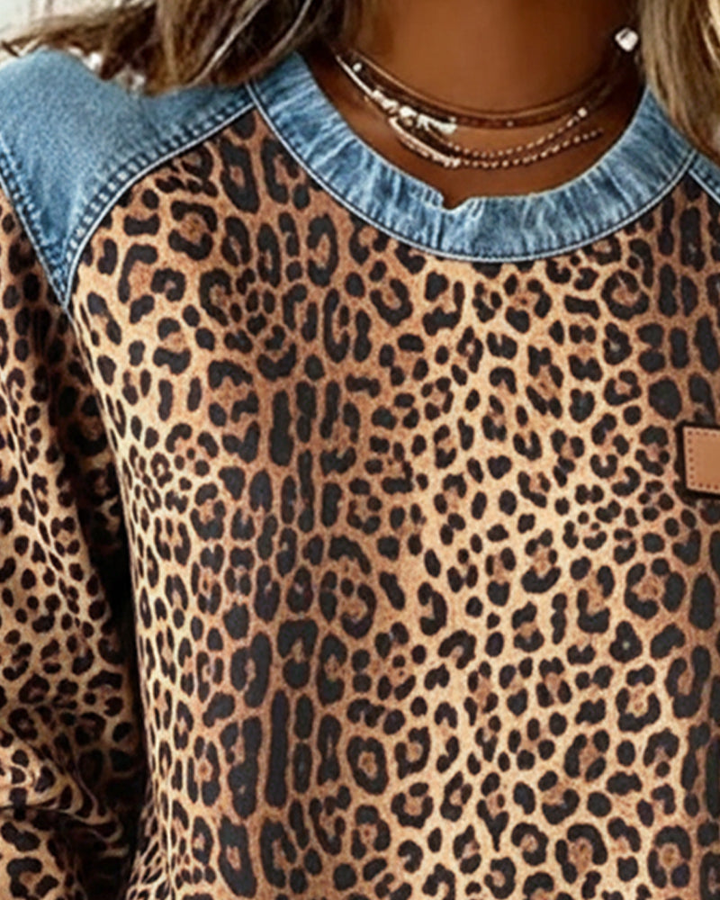 Laluna® | Trui met Luipaardprint en Denim Patchwork