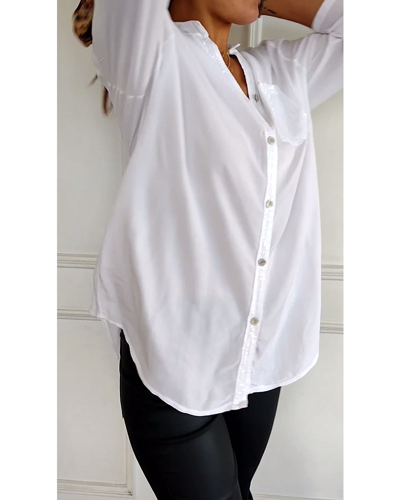Laluna® | Casual top met pailletteninzet en knopen