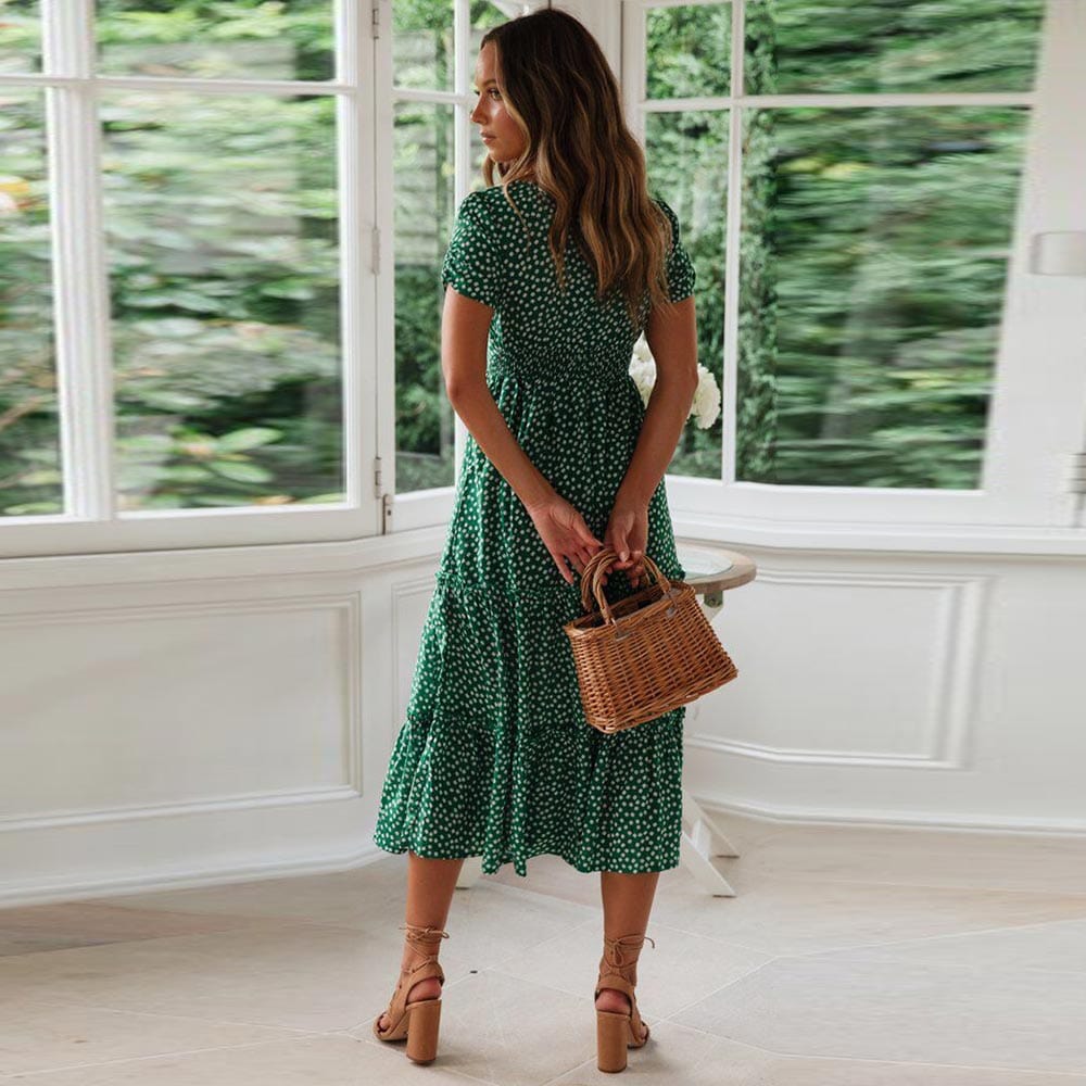Charlie™ Boheemse Groene Midi Jurk Met Puff Sleeve