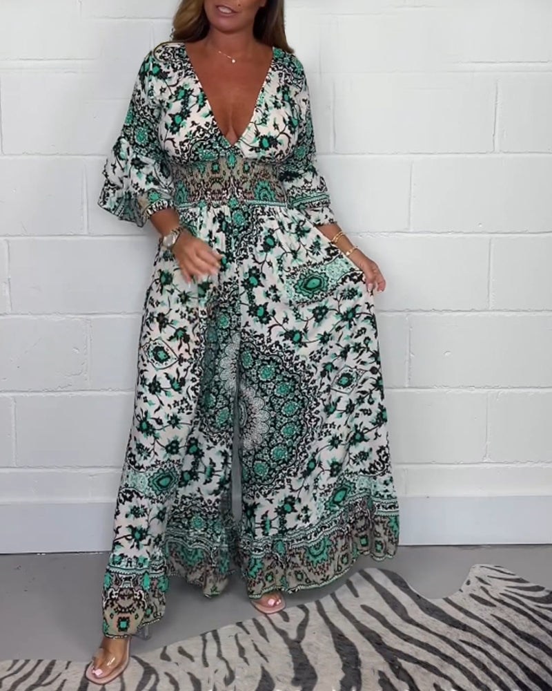 Laluna® | Bedrukte jumpsuit met diepe V-halslijn