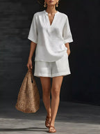 Full Size Notched Half Sleeve Top and Shorts Set Plus Size