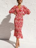 Hannah™ Rode Lange Mouwen Jurk Met Elegante Print En V-hals