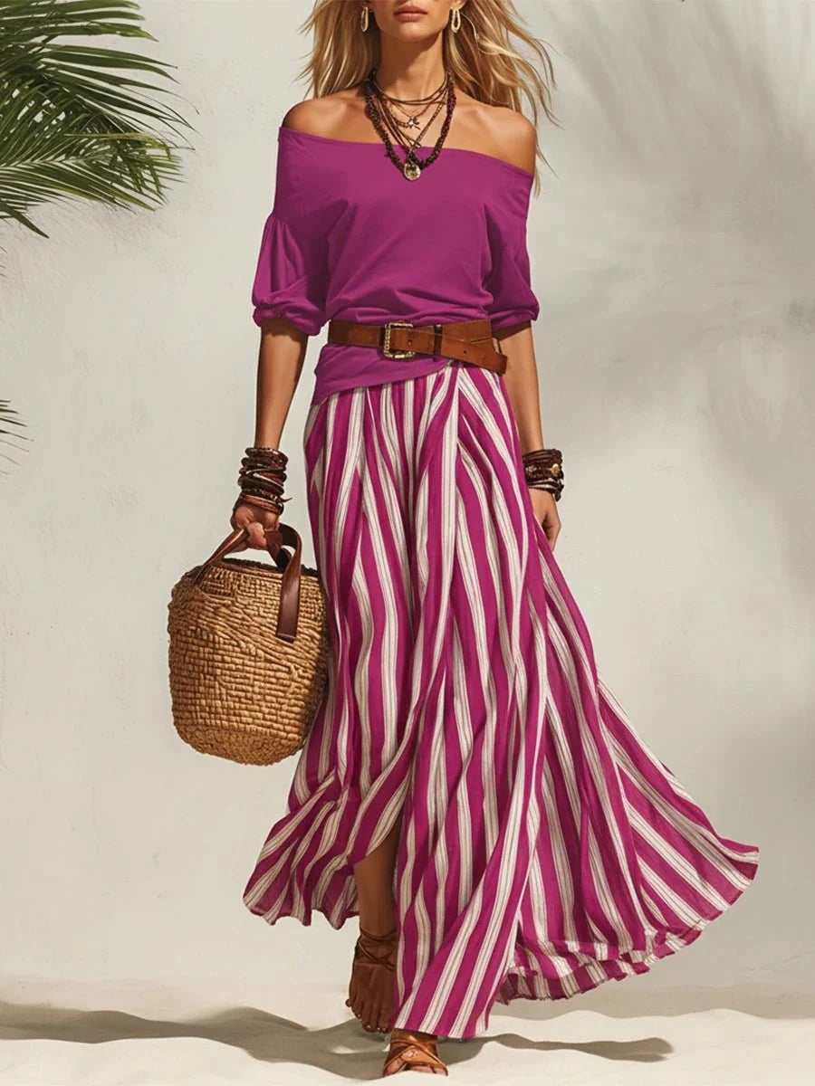 Isabella | Tweedelige Zomerset met Off-Shoulder Top & Gestreepte Rok (Inclusief Riem)