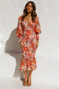 Kiana™ - Oranje Lange Mouwen Jurk Met Elegante Print En V-hals