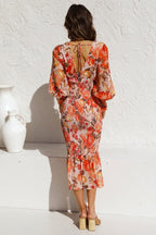 Kiana™ - Oranje Lange Mouwen Jurk Met Elegante Print En V-hals