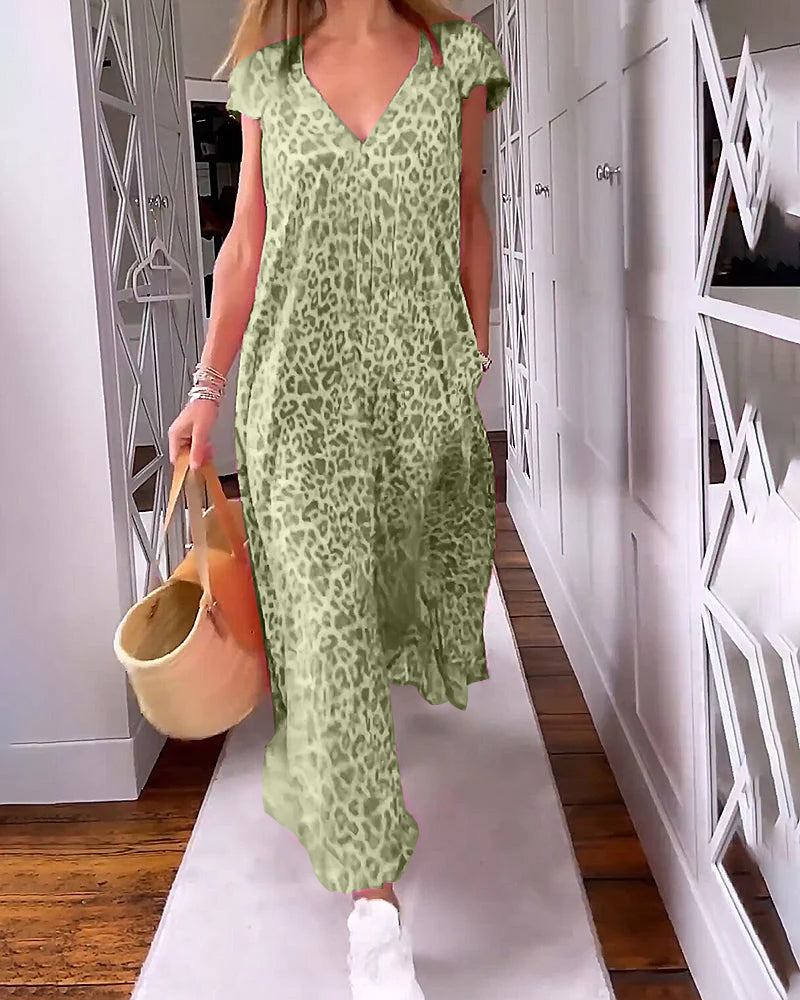Laluna® | Maxi-jurk met V-hals en korte mouwen in print