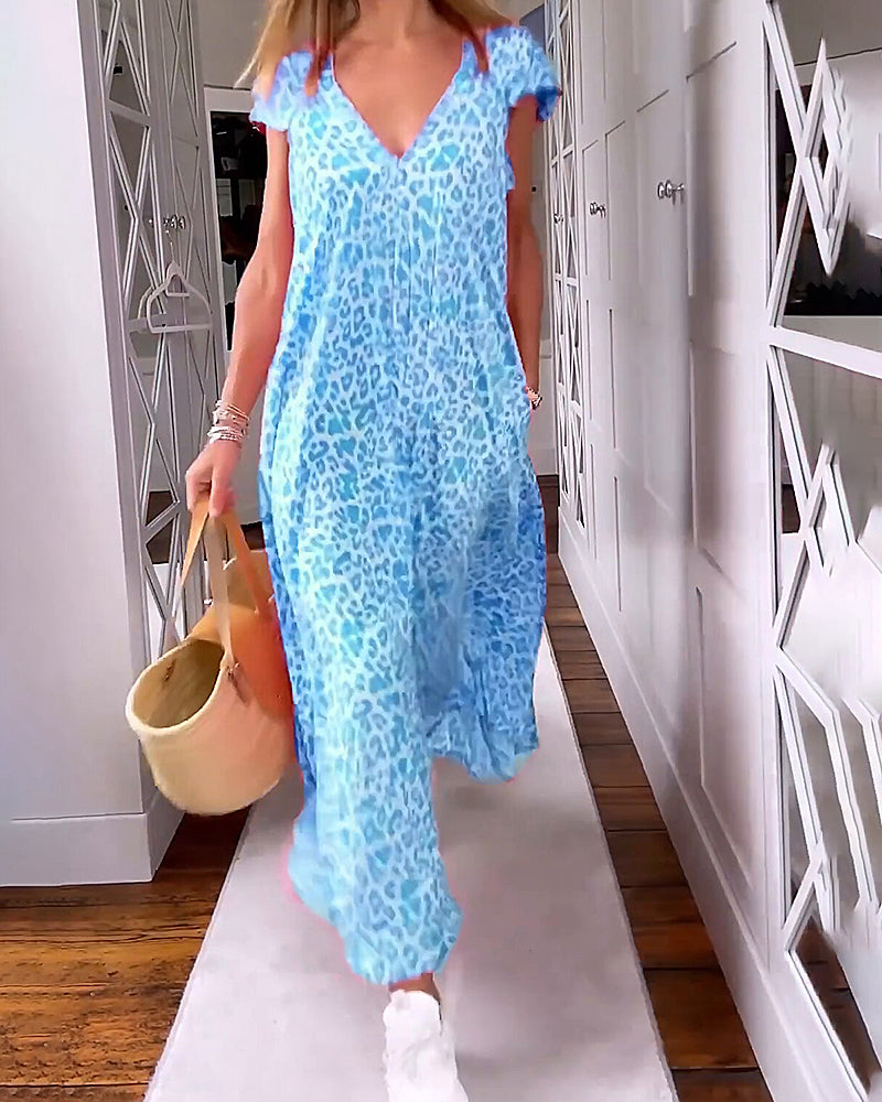 Laluna® | Maxi-jurk met V-hals en korte mouwen in print