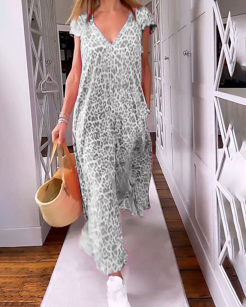 Laluna® | Maxi-jurk met V-hals en korte mouwen in print