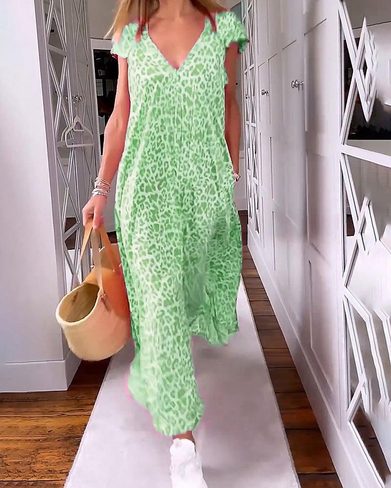 Laluna® | Maxi-jurk met V-hals en korte mouwen in print
