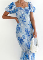 Lena™ Blauwe Midi Mermaid Jurk Met Puff Mouwen