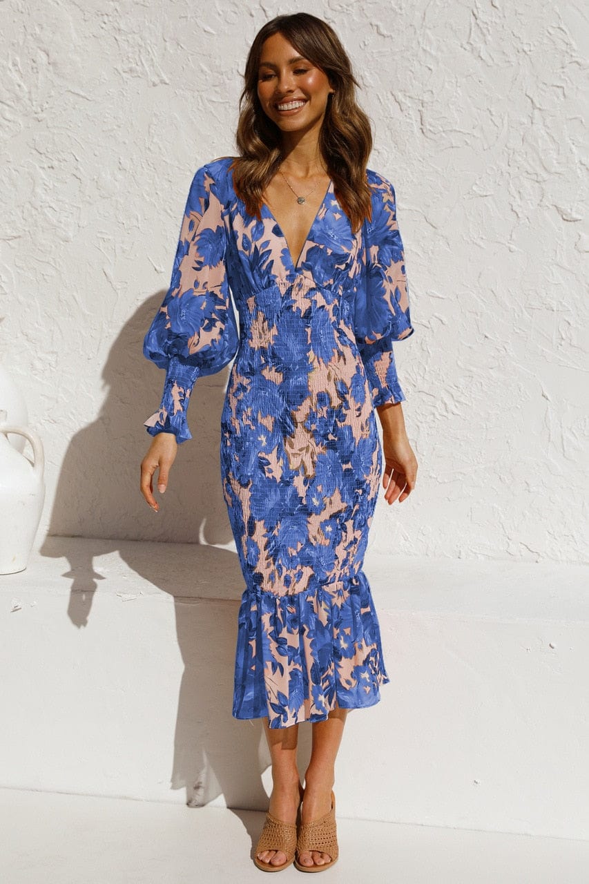 Liona™ - Blauwe Long Sleeve Jurk Met Elegante Print En V-hals