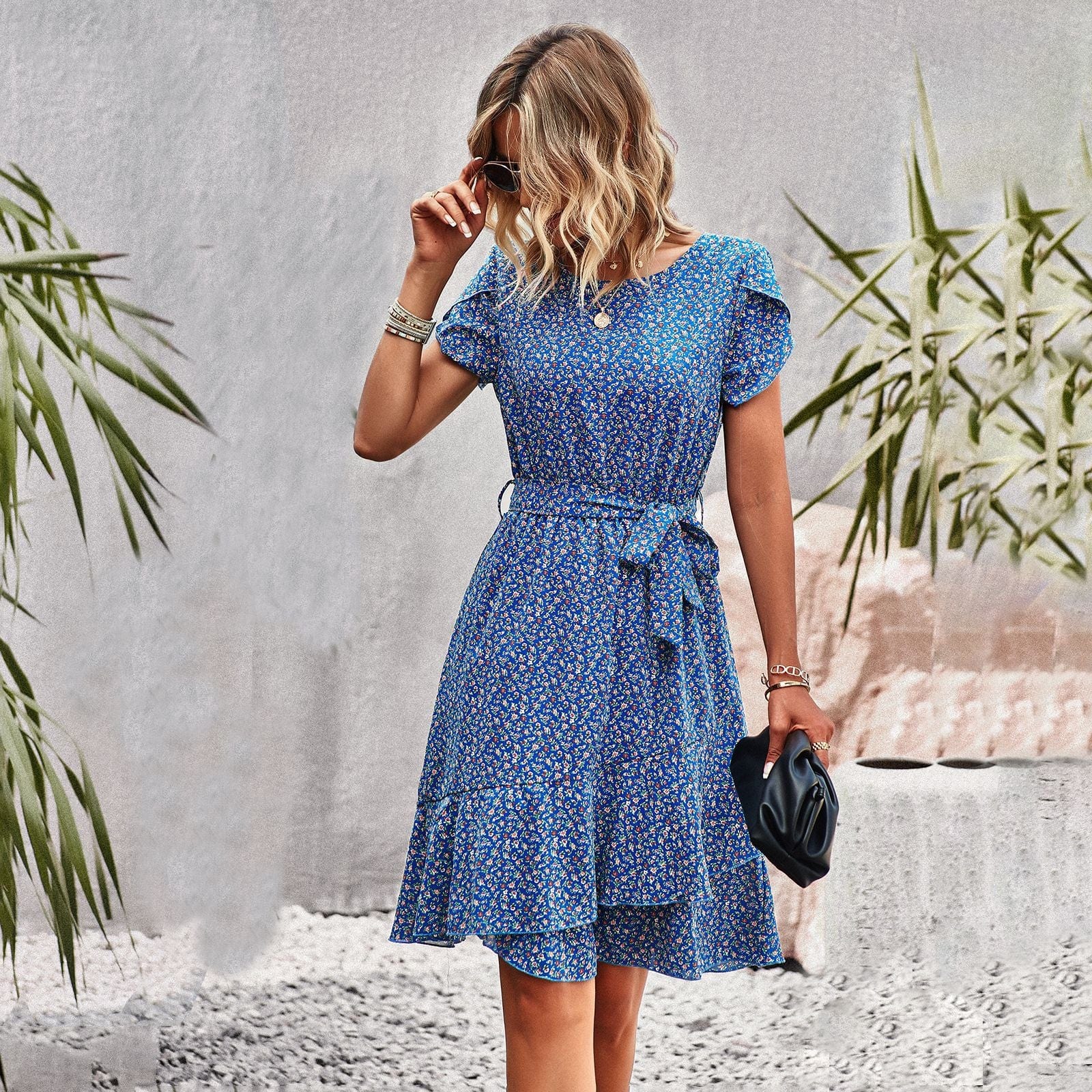 Maylea™ - Korte Blauwe Bohemian Jurk Met Print