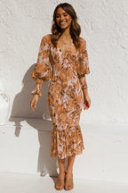 Pip™ - Bruine Long Sleeve Jurk Met Elegante Print En V-hals