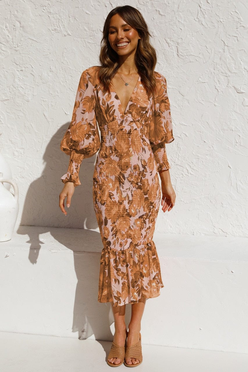 Pip™ - Bruine Long Sleeve Jurk Met Elegante Print En V-hals