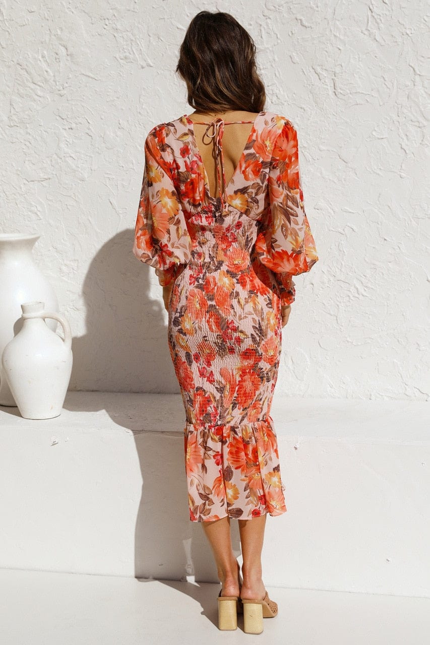Pip™ - Bruine Long Sleeve Jurk Met Elegante Print En V-hals