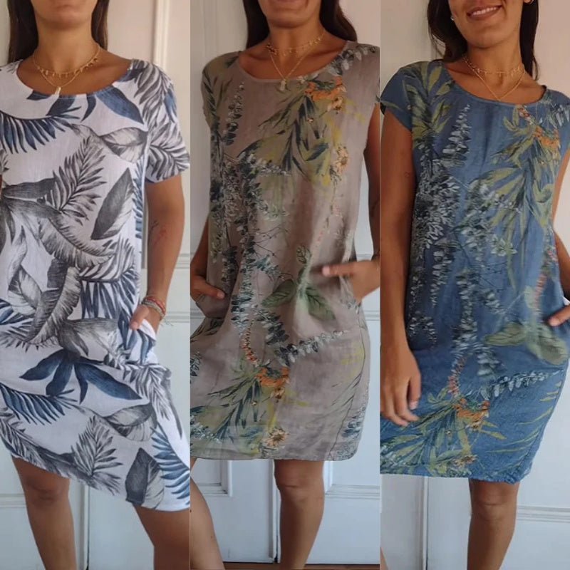 Ronde Hals Jurk met Botanische Print