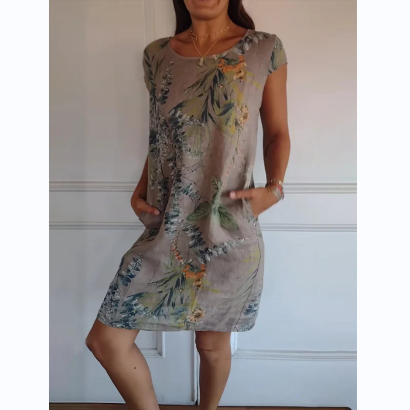 Ronde Hals Jurk met Botanische Print