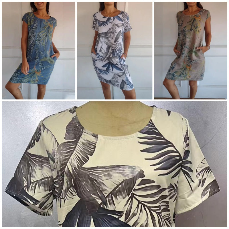 Ronde Hals Jurk met Botanische Print