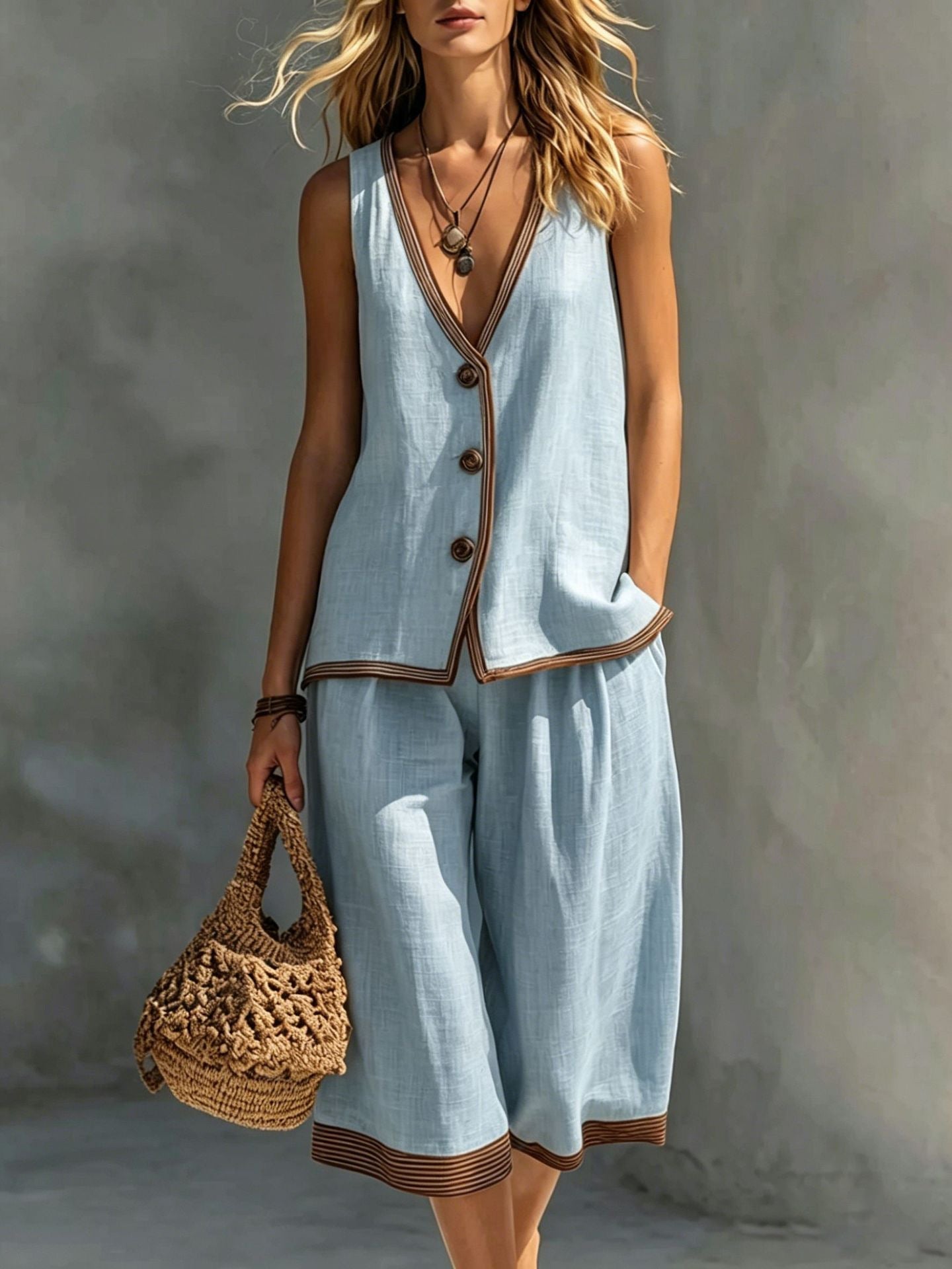 Valeria | Tweedelige Zomerset met Knoopgilet & Cropped Wide-Leg Broek