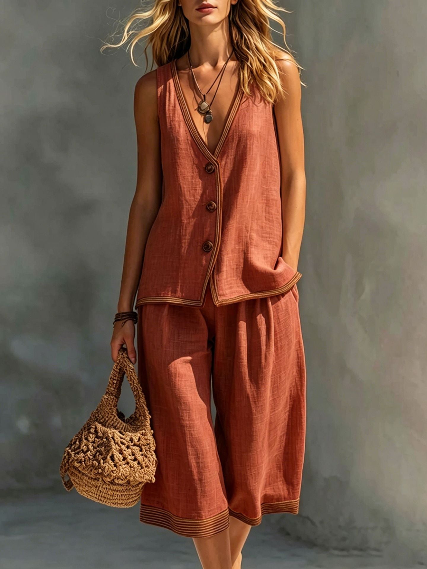 Valeria | Tweedelige Zomerset met Knoopgilet & Cropped Wide-Leg Broek